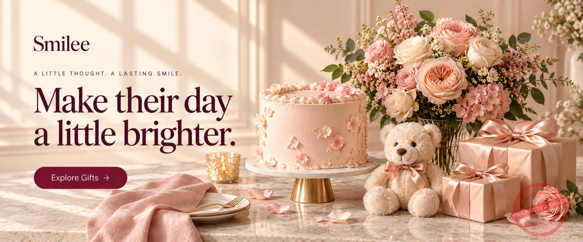 Smilee — A little thought. A lasting smile. Make their day a little brighter. Explore gifts. Cake, pink roses, a teddy bear and peach ribbon gifts
