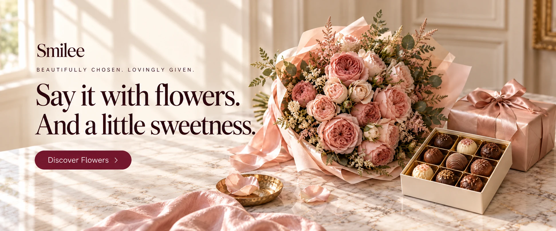 Smilee — Beautifully chosen. Lovingly given. Say it with flowers. And a little sweetness. Discover flowers. Garden roses, chocolate bonbons and satin wrapped gifts