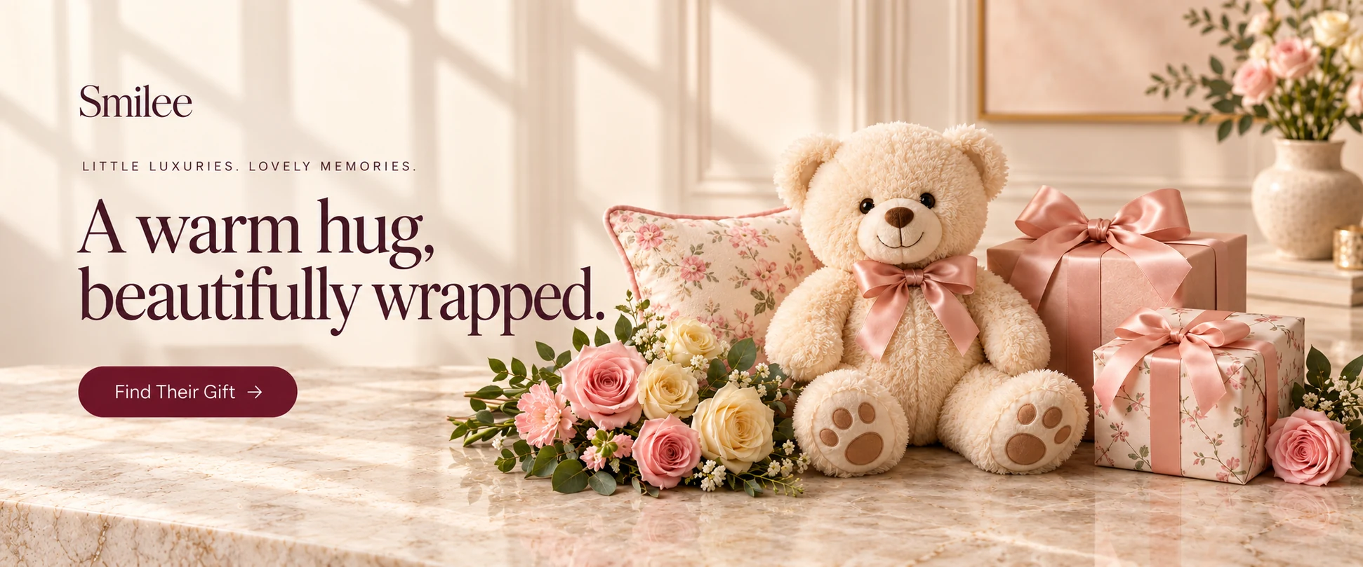Smilee — Little luxuries. Lovely memories. A warm hug, beautifully wrapped. Find their gift. Cream teddy bear, floral cushion and thoughtful gifts
