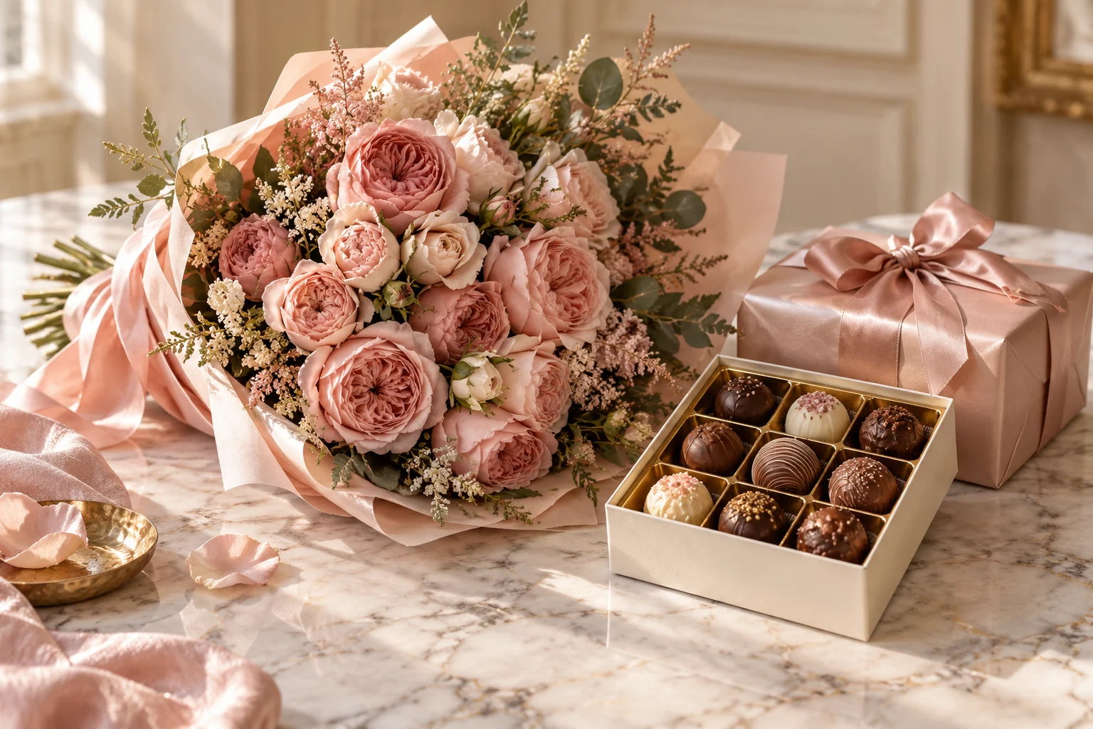 Garden roses, chocolate bonbons and satin wrapped gifts