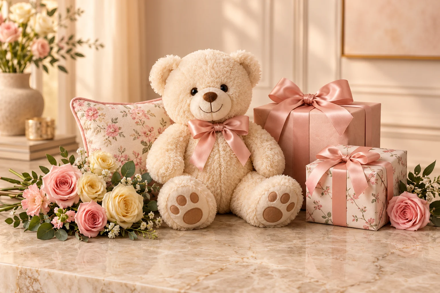 Cream teddy bear, floral cushion and thoughtful gifts