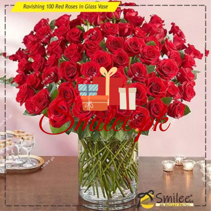 ravishing 100 red roses in glass vase