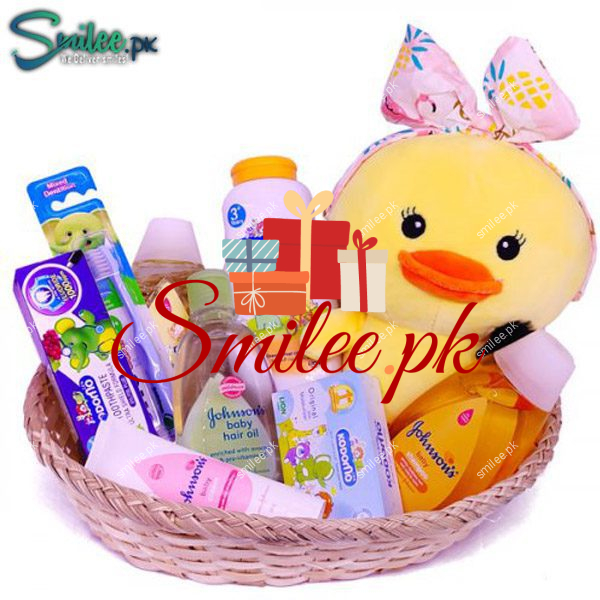 Cute Soft Toy with Baby Care Gift Basket