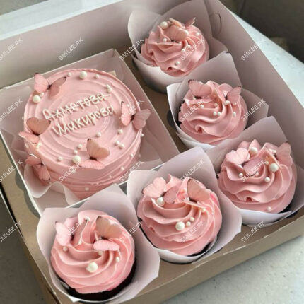 pink theme bento cake with cupcakes