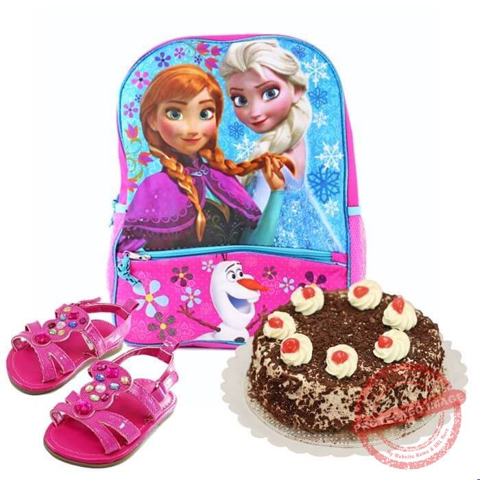 School Bag with Black Forest Cake & Sandals gift by Kids Combos School Bag with Black Forest Cake & Sandals gift by Kids Combos | Smilee