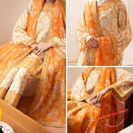3 Pcs Cream Silk Lawn (Stitched) gift for Eid | Smilee