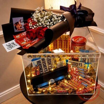 Acrylic Chocolate Box with Bouquet for Valentines Day | Smilee