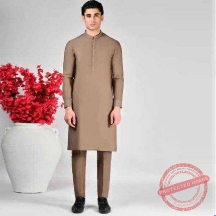 Khaki Cotton Unstitched Kameez Shalwar Fabric fashion gift by Men’s Unstitched Suits | Smilee