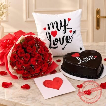 Cake and Flowers and Cushion gift for Valentines Day | Smilee