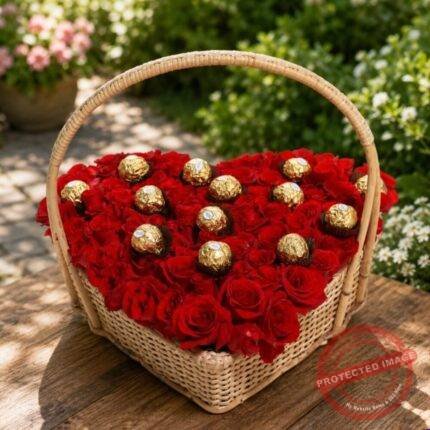 Rose and Ferrero Heart Basket in Lahore for Valentines Day
