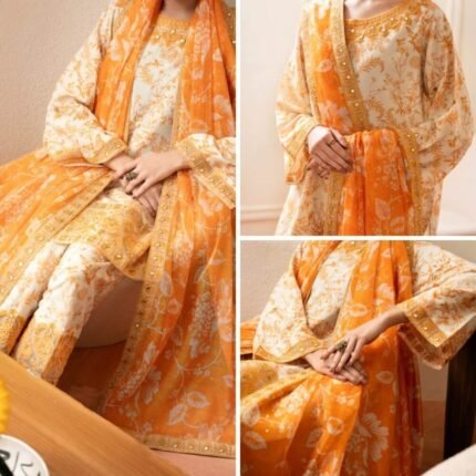 3 Pcs Cream Silk Lawn (Stitched) - Eid Gifts | Giftoo Pakistan