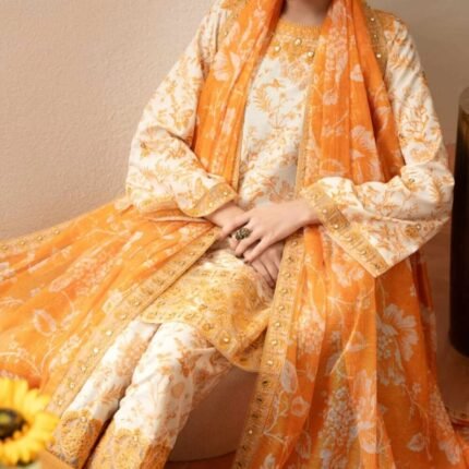 3 Pcs Cream Silk Lawn (Stitched) - Eid Gifts | Giftoo Pakistan