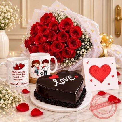 Heart Cake with Mug and Flowers - Anniversary Gifts | Giftoo Pakistan