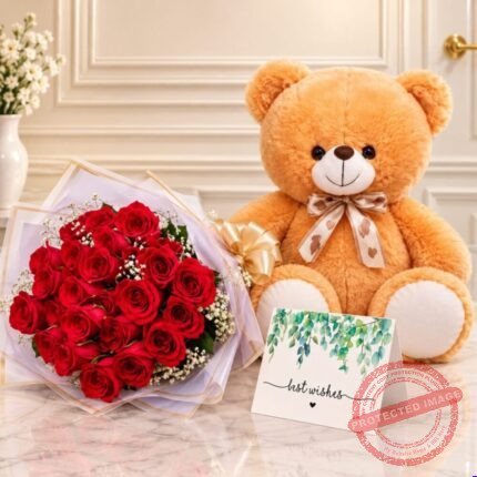 Red Roses and Teddy Bear - Anniversary Gifts | Giftoo Pakistan
