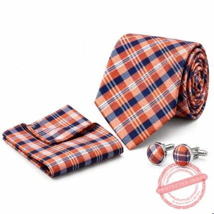 Orange Check Cufflink Tie Set - Men’s Accessories | Giftoo Pakistan