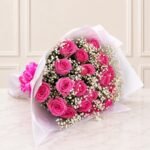 24 Local Pink Roses with Gypsophila - Faisalabad Flowers | Giftoo Pakistan