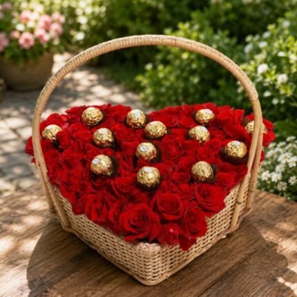 Rose and Ferrero Heart Basket - Anniversary Gifts | Giftoo Pakistan