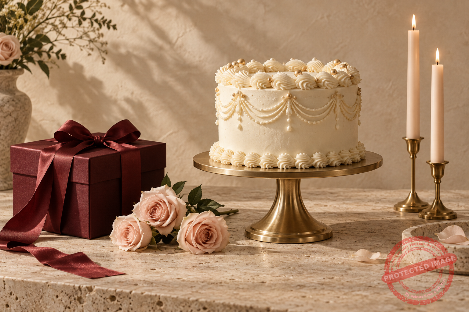 Celebration cake and ribbon wrapped gift