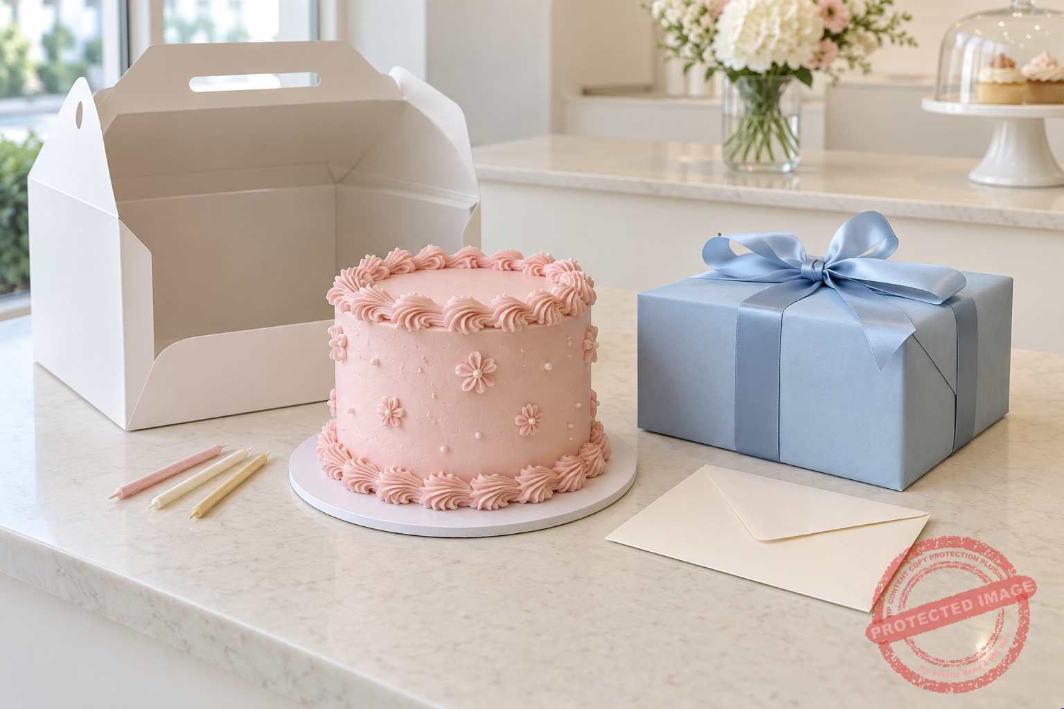 Birthday cake with a ribbon-wrapped present