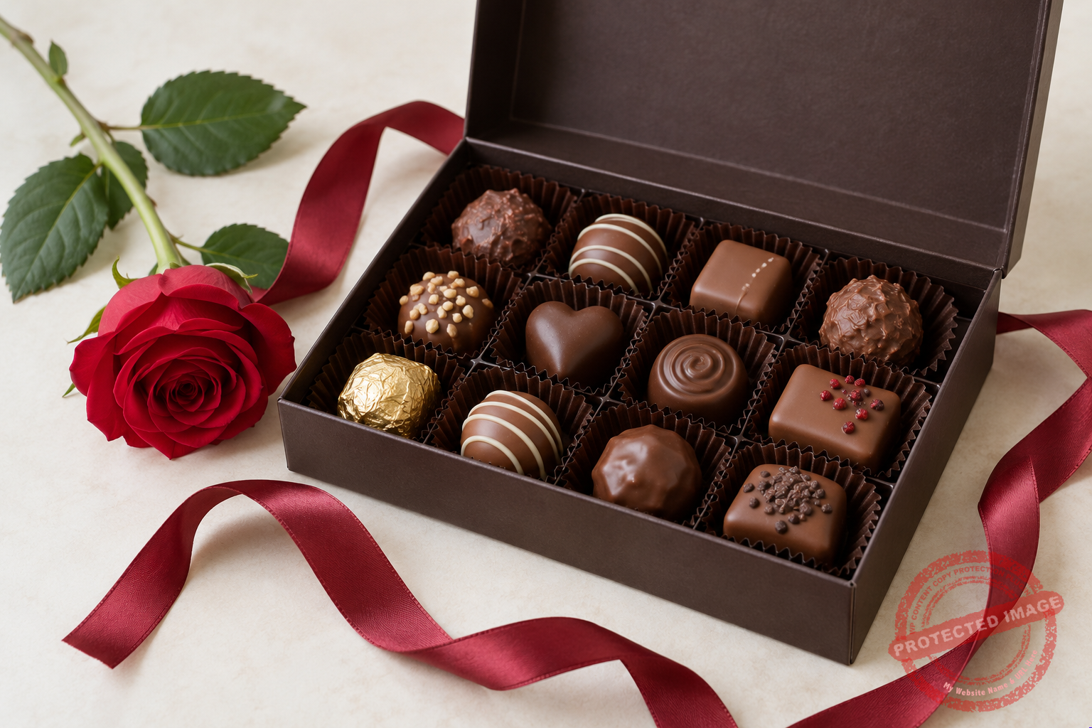 Chocolate gift box with a fresh rose and satin ribbon