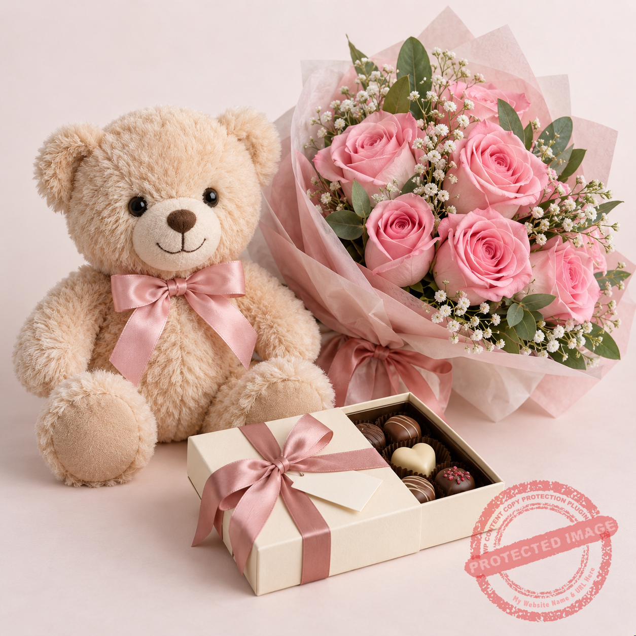 Teddy bear, roses and chocolate gift combo
