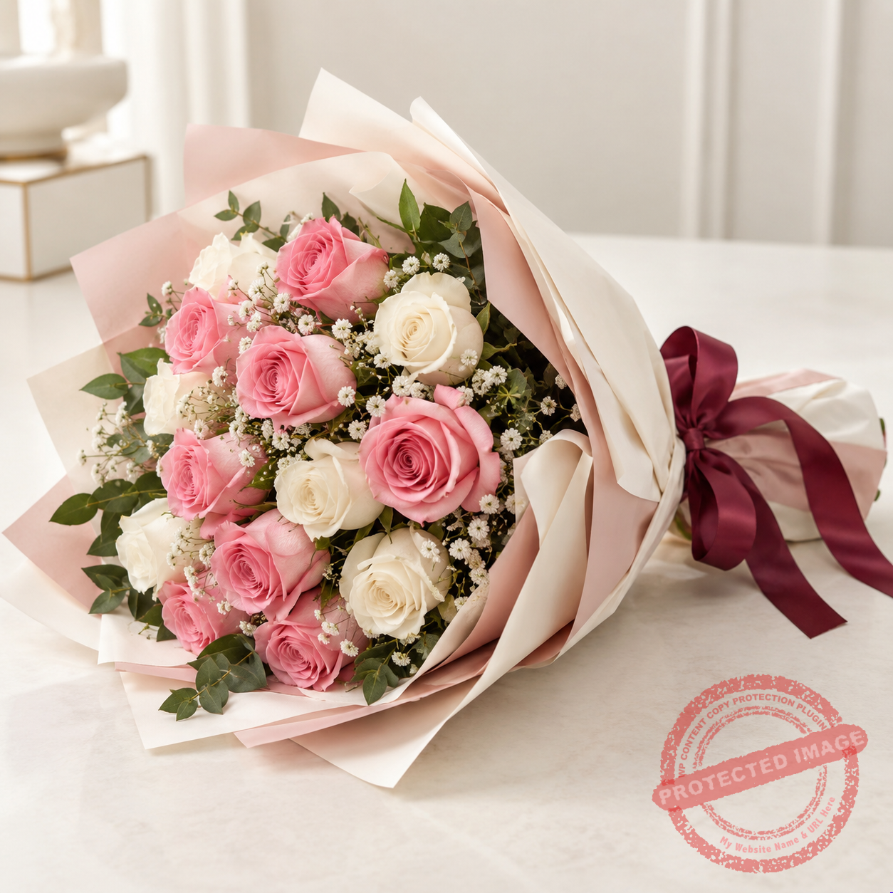 Fresh pink and white rose gift bouquet