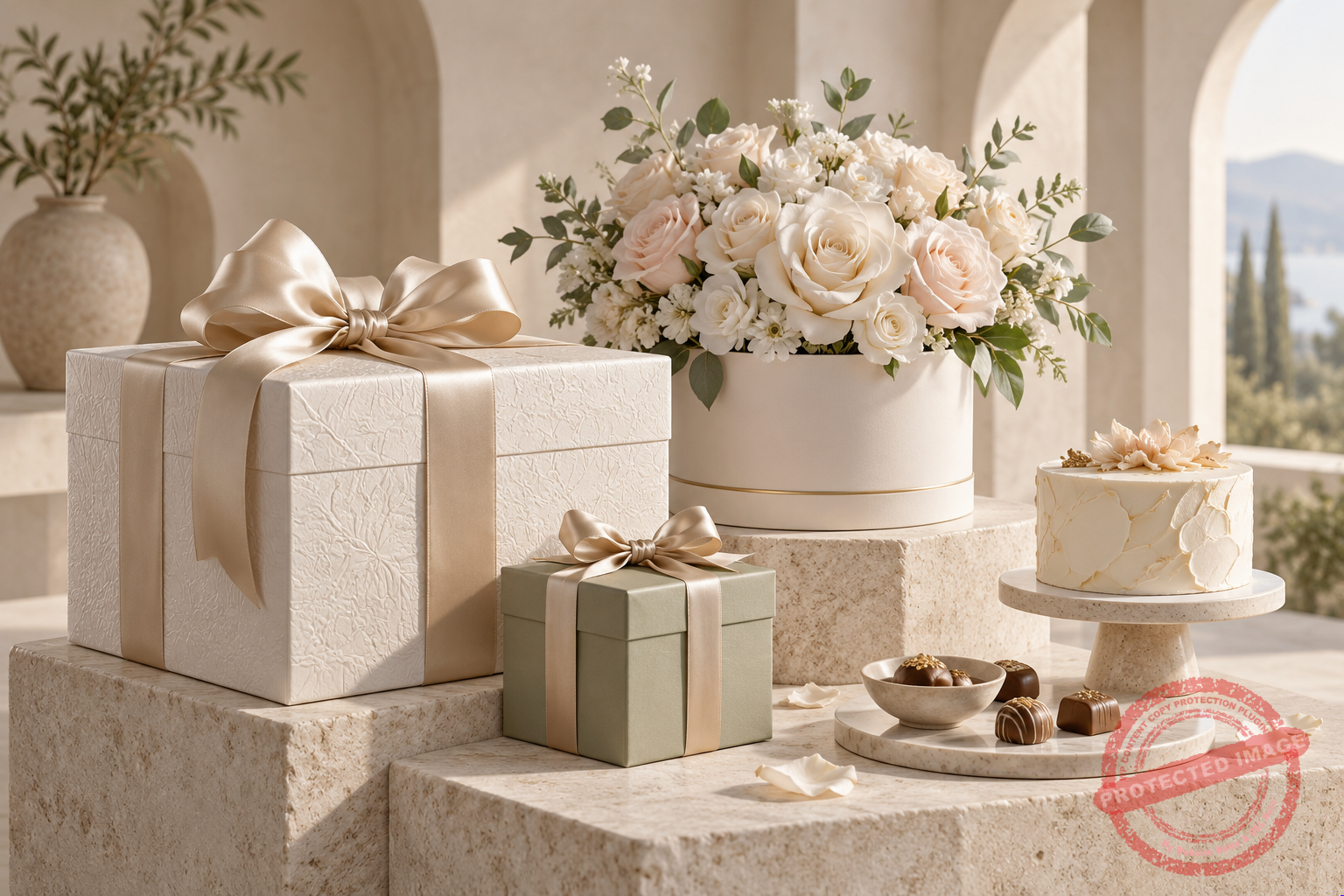 Ivory ribbon gifts, cream roses and celebration cake on sculpted stone pedestals