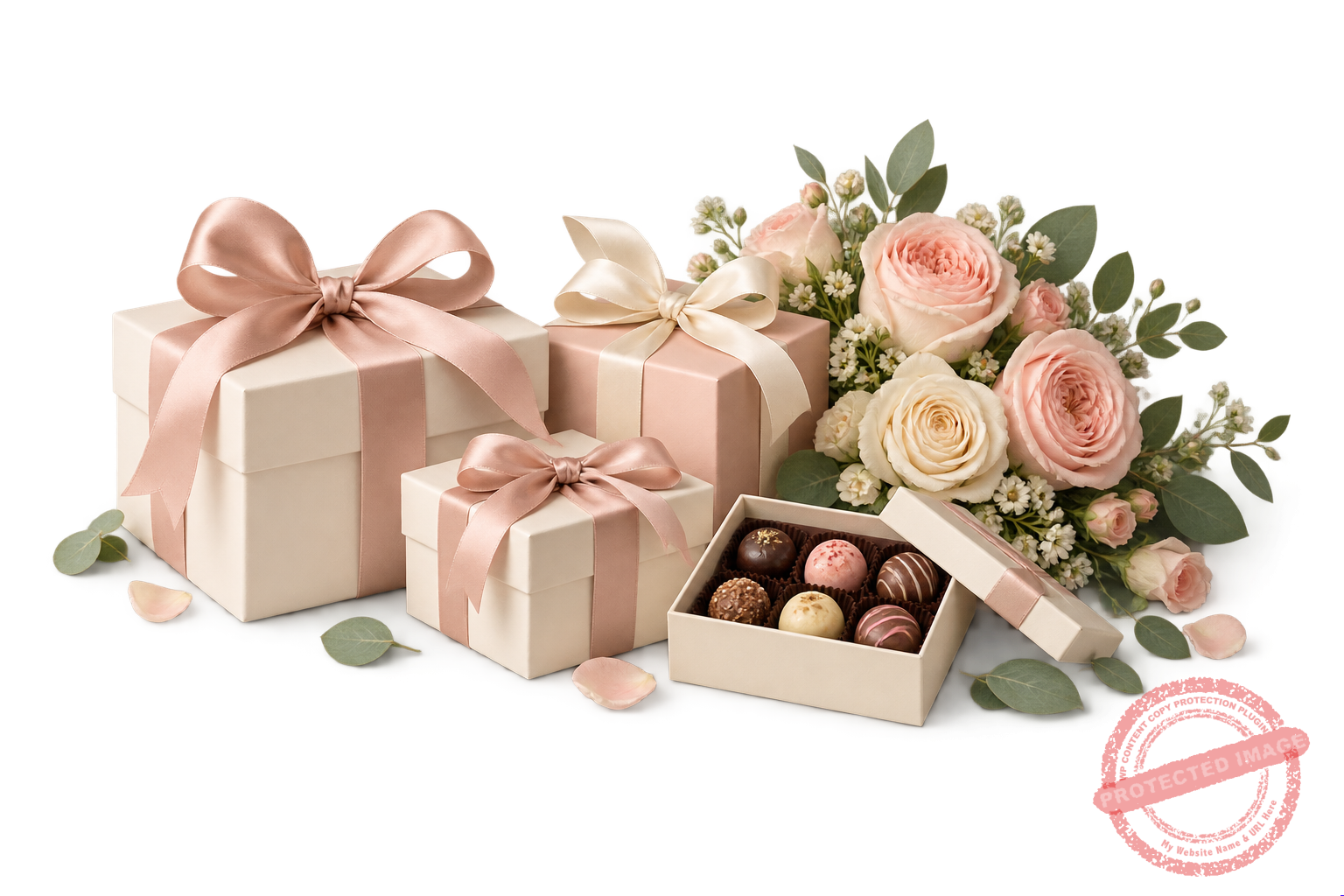Ribbon-wrapped presents and a fresh rose bouquet